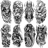 Oottati 8 Sheets Waterproof Arm Leg Fake Temporary Tattoo - Indian Skull Snake Egypt Anubis Flower Compass Prajna Greek Myth Soldier