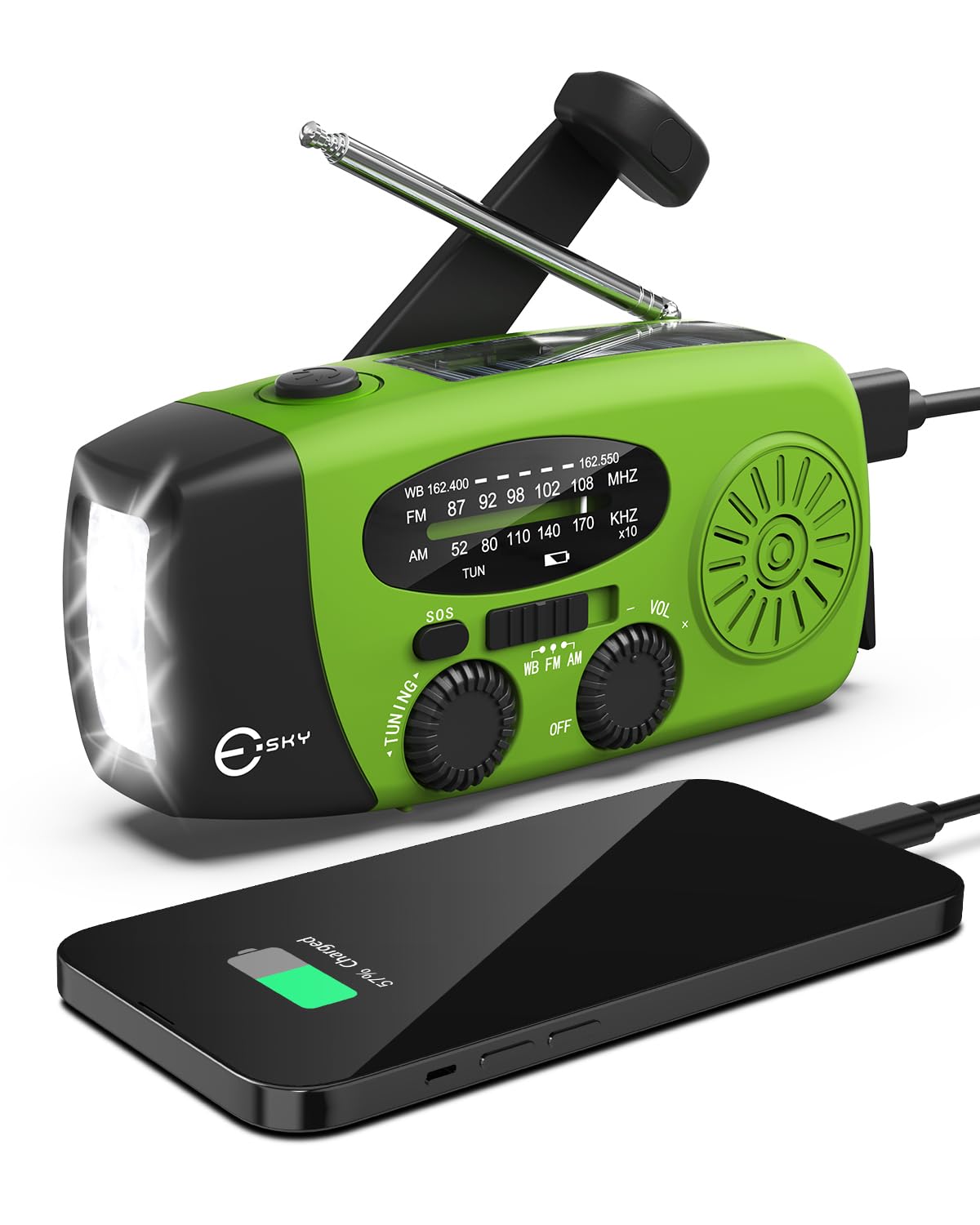 Emergency Hand Crank Radio with 3 LED Flashlight, Esky AM/FM/NOAA Portable Weather Radio with 2000mAh Power Bank Phone Charger, Solar Powered USB Rechargeable Radio for Indoor Outdoor Camping, Green-image-21