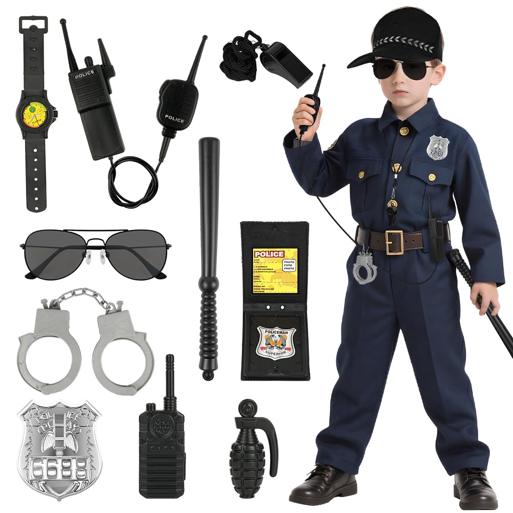 Alaoo Police Pretend Play Toys, 10Pcs Police Officer Role Play Kit Contains Walkie-Talkie, Whistle, Glasses, Hat, Handcuffs, Baton, Watch, Certificate, Grenade, Police Badge, Fancy Dress Police Set