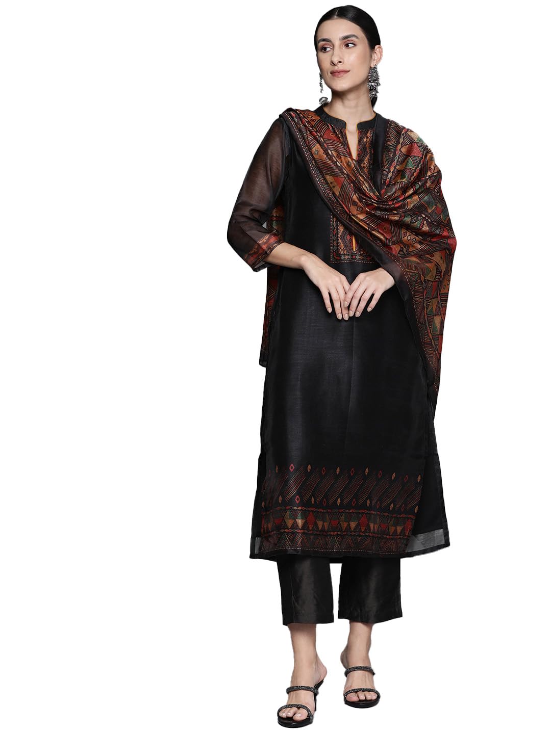 Varanga Women Black Printed Straight Kurta Paired With Solid Bottom And Printed Dupatta  Stylish Round Neck Kurta With Three-Quarter Sleeves, Comfortable Fit, Ideal For Casual And Festive Occasions