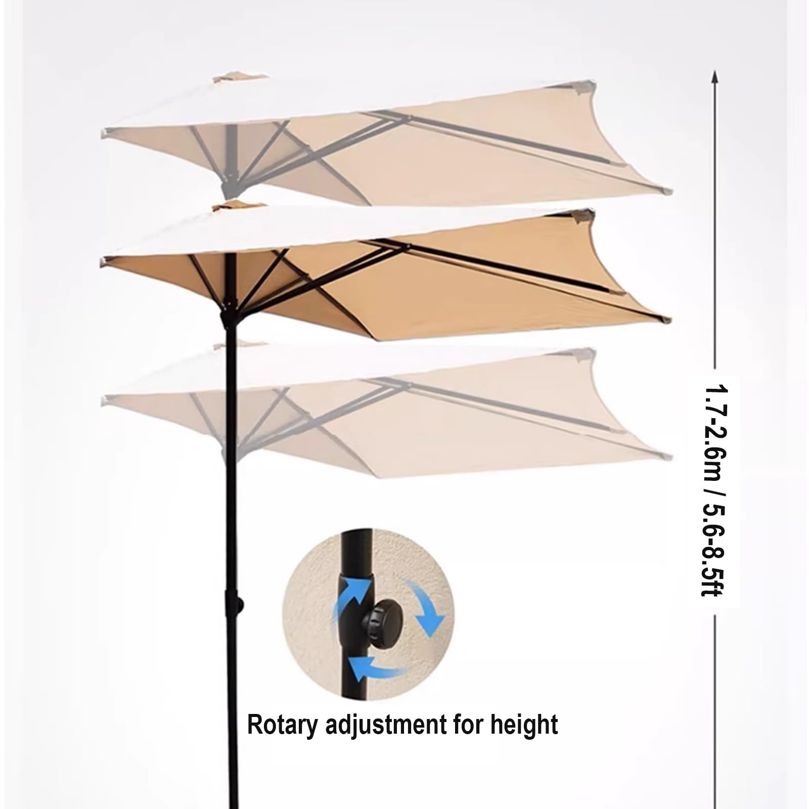 Rectangular 6.5/8/9ft Wall Half Parasol, Patio Umbrella for Outdoor Garden, Patio, Balcony Yard, Adjustable Height