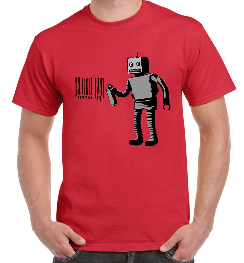 Tribal T-Shirts Men's Red Banksy Robot Barcode T-Shirt (Large, )