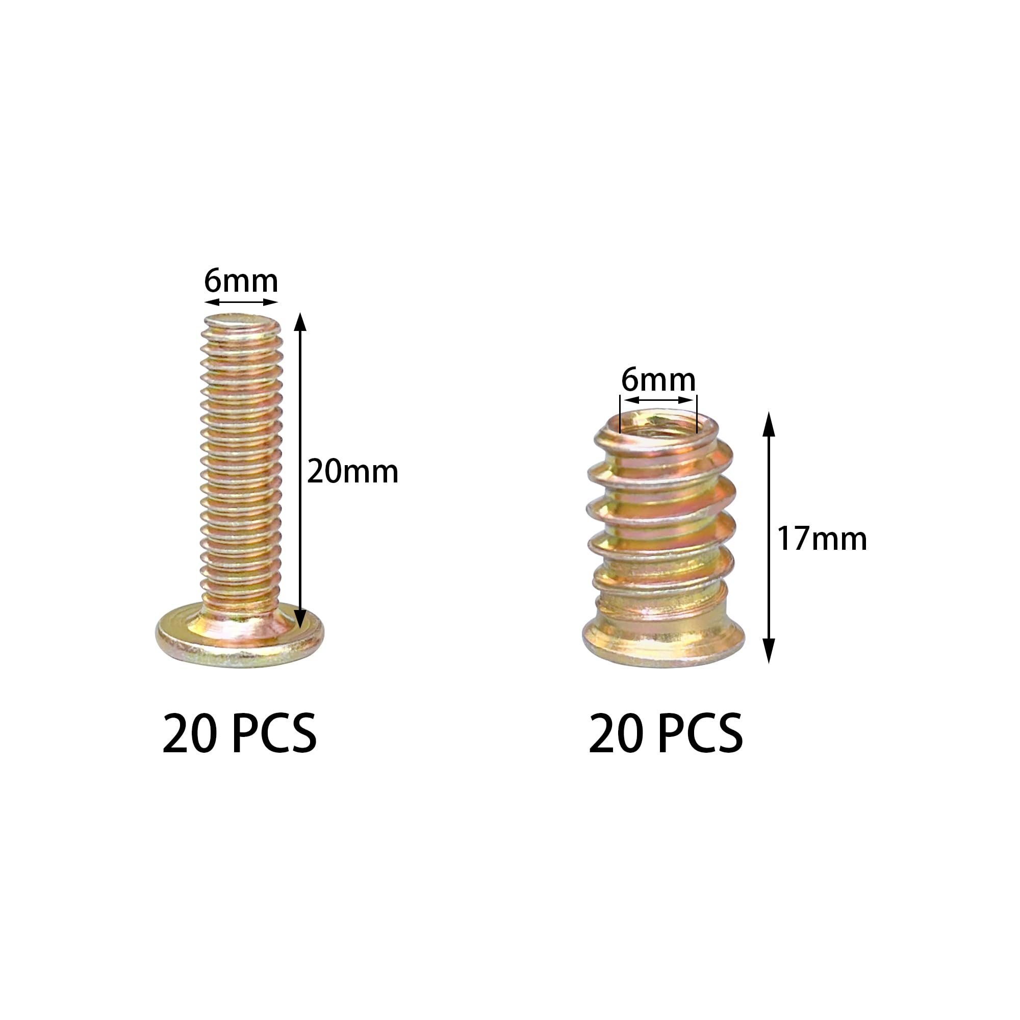 20-Set Furniture Connector Bolt Kit - Wood Furniture Fastener Set including Threaded Insert Nuts & Wrenches (M6 × 20mm) - Image 2