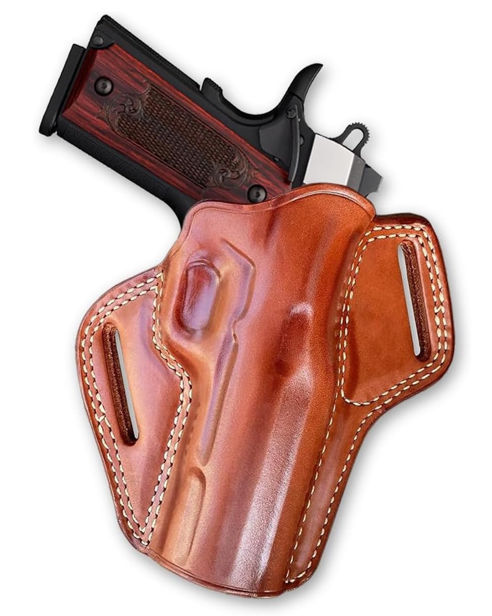 Premium Leather OWB Pancake Holster with Open Top, Fits Browning-Type 1911-380/22LR Non-Railed Black Label Full Size 4.25" Barrel, Right Hand Draw, Brown Color #1347#