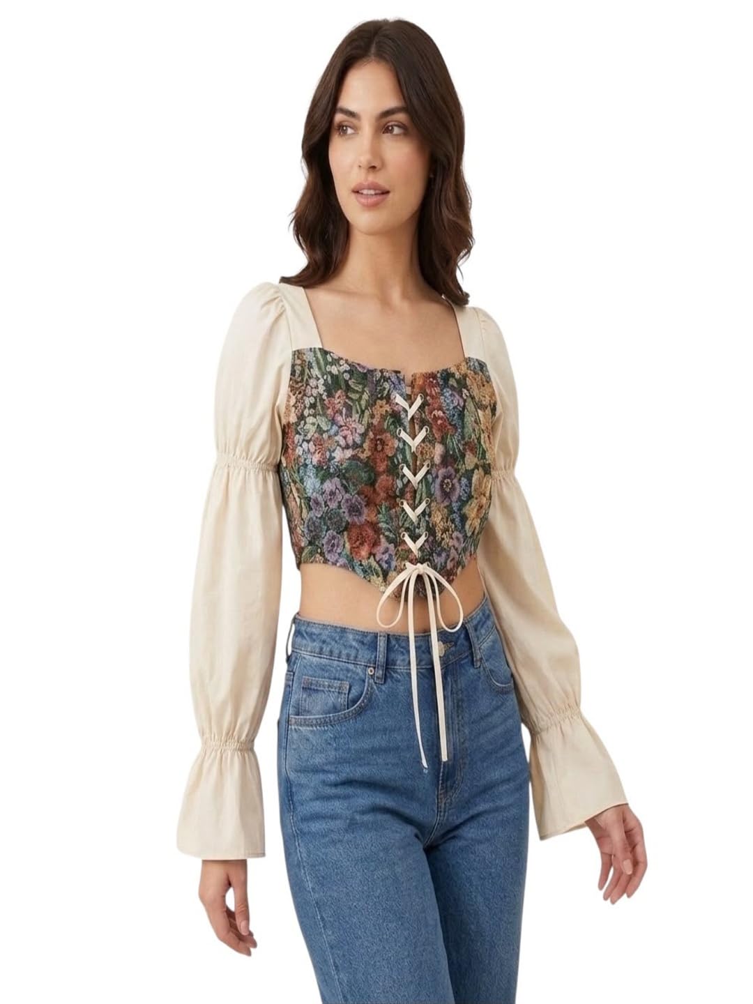 Women's Western Floral Tapestry Crop Top with Puff Sleeves-picture-30