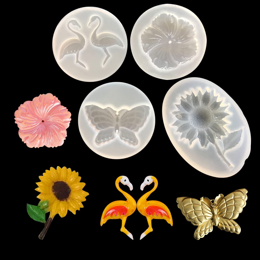 Rolin Roly 4Pcs Flamingo/Butterfly/Flower Resin Molds 4Pcs Resin Sunflower Moulds Silicone Mould Flower Epoxy Mold Flamingo Casting Pendant Molds For Jewelry Craft Diy Jewelry Making