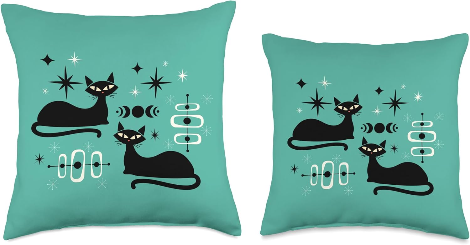 Retro Cat Midcentury Mid Century Atomic Age Modern Teal Throw Pillow