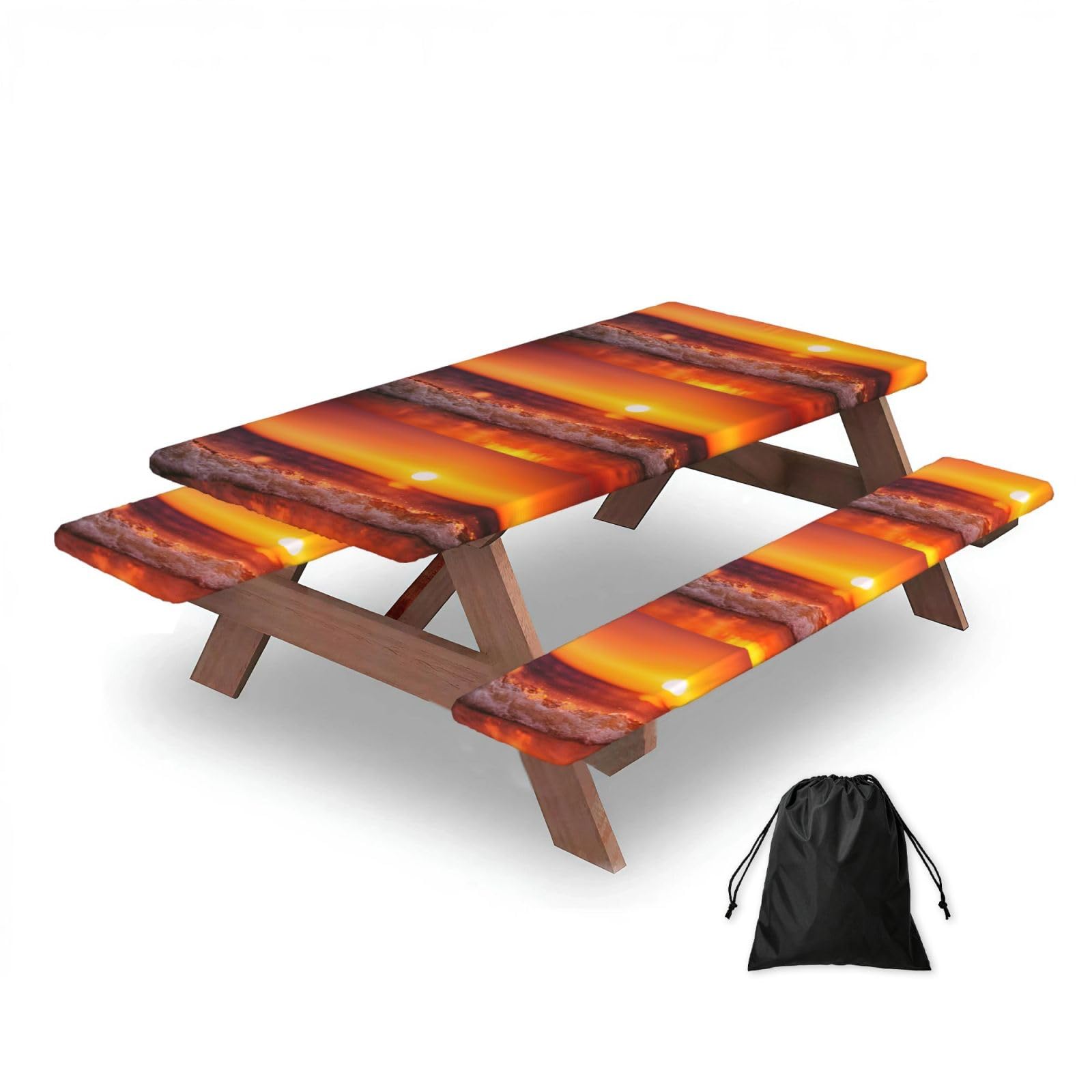 Sunset With Sea Waves Printed, Picnic Table Cover With Bench Covers -Waterproof Elastic Fitted Tablecloth for Garden Camping Patio 76x152cm