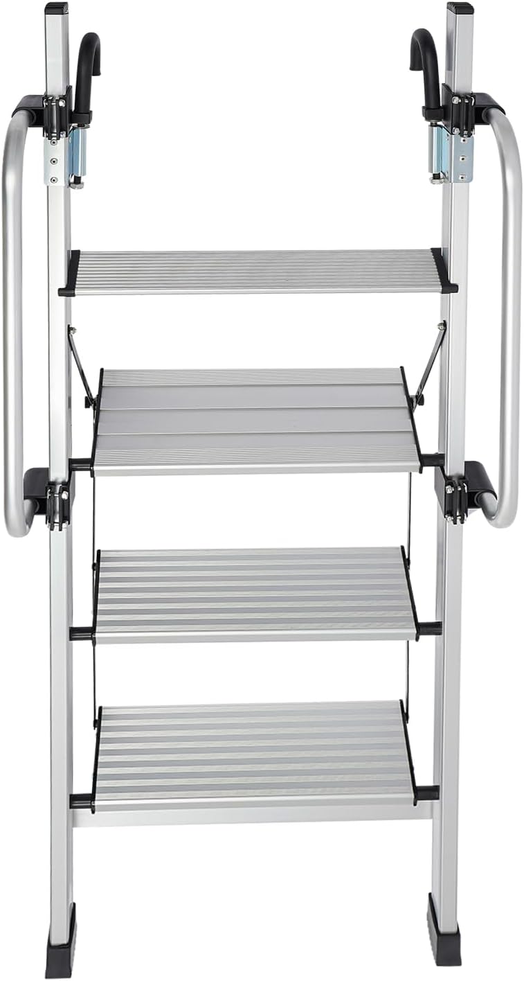 4-Step Bed Ladder, Adjustable Aluminium RV Bunk Loft Ladder Handrail Load Capacity 330.69lbs w/Pedal Rack & Mats for Caravans, Lofts, Dormitory Double Beds