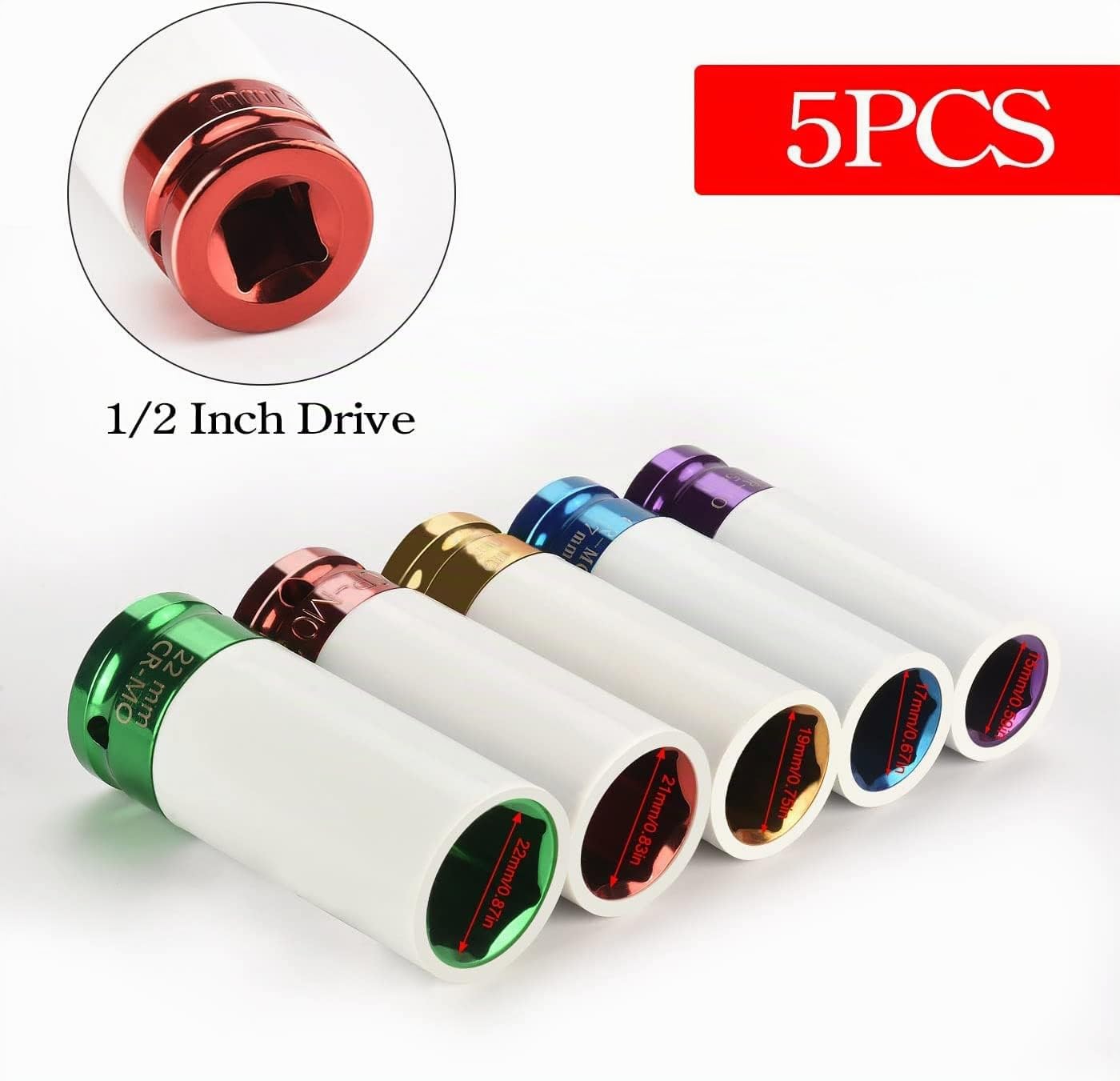 Juego de 5 llaves de impacto con insertos protectores, juego de tuercas para ruedas 15, 17, 19, 21, 22 mm, inserto de 1/2 pulgada para llave de torque e impacto, herramienta para tuercas de