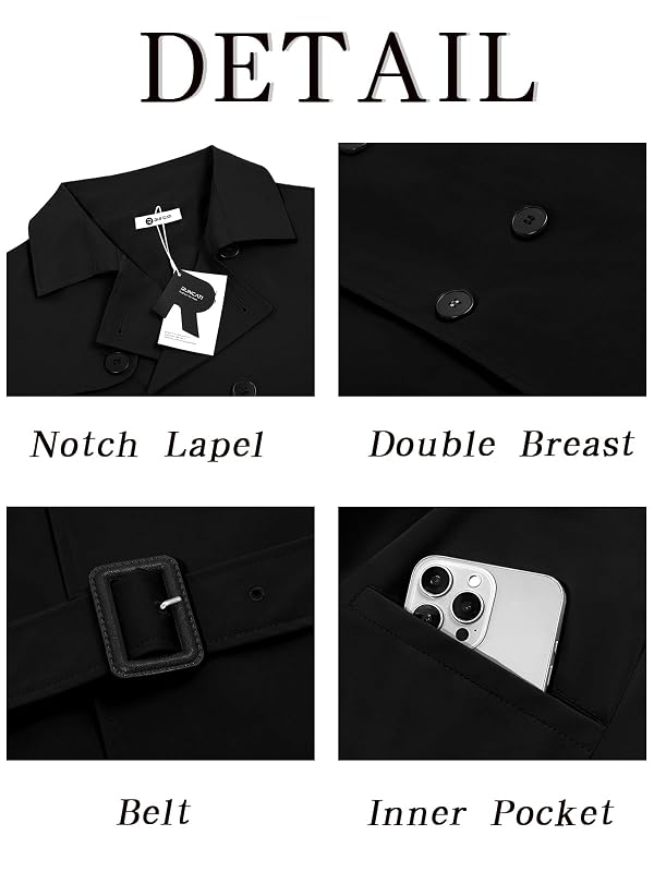 Runcati Mens Trench Coat Double Breasted Notched Lapel Jacket Casual Belted Windbreaker Overcoat by Runcati - Image 6