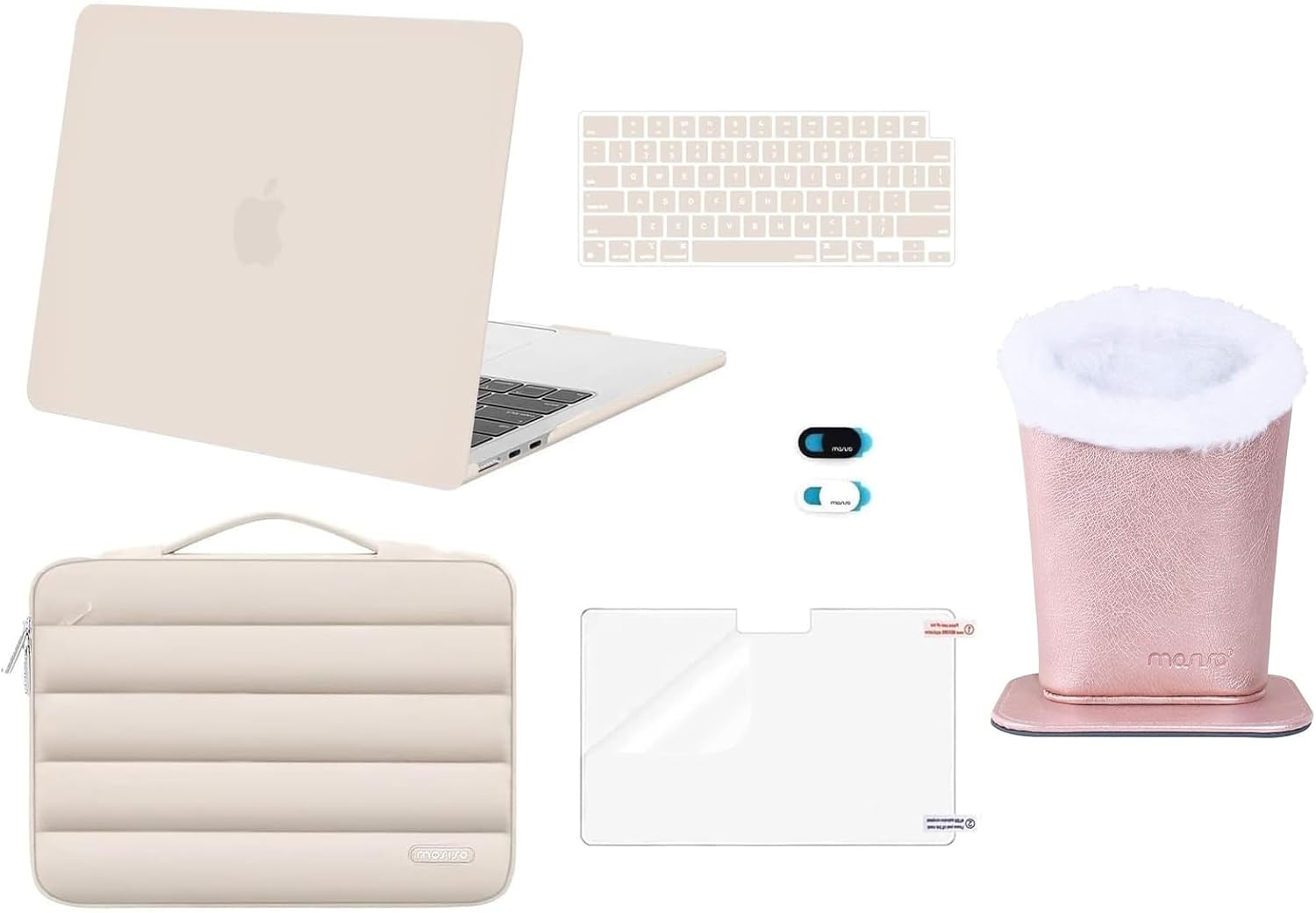 MOSISO Plush Lined PU Leather Eyeglasses Holder with Magnetic Base&Compatible with MacBook Air 13 inch Case 2025-2022 M4 M3 M2, Hard Case&Puffy Bag&Keyboard Cover&Webcam Cover&Screen, Sand&Rose Gold