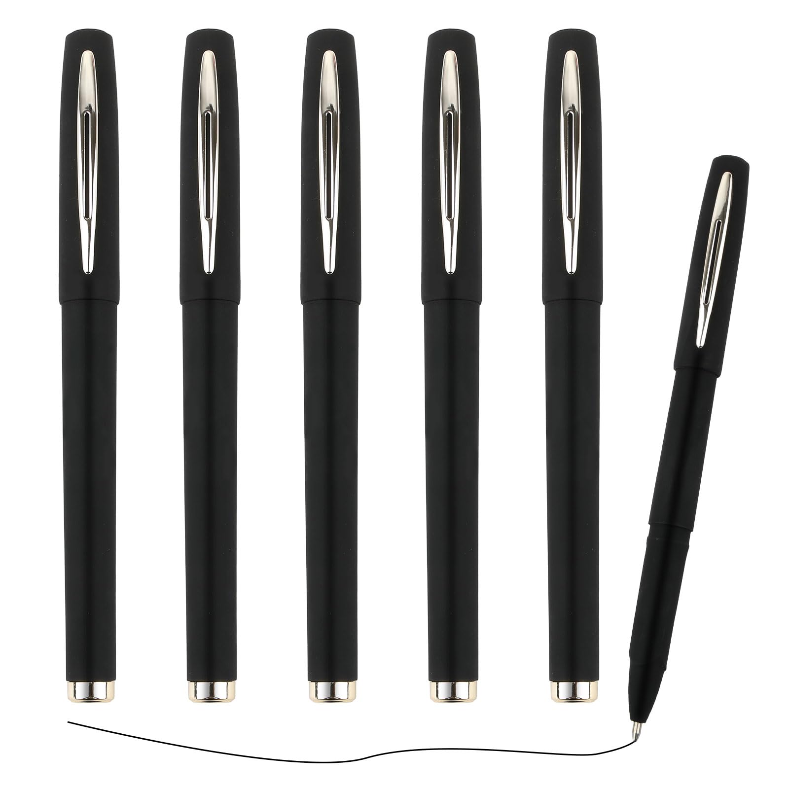 Pens Black Ink, 5 PCS Rollerball Pens, 0.5mm Fine Line Ballpoint Pens, Gel Pens for Writing Drawing Notes Taking School Office