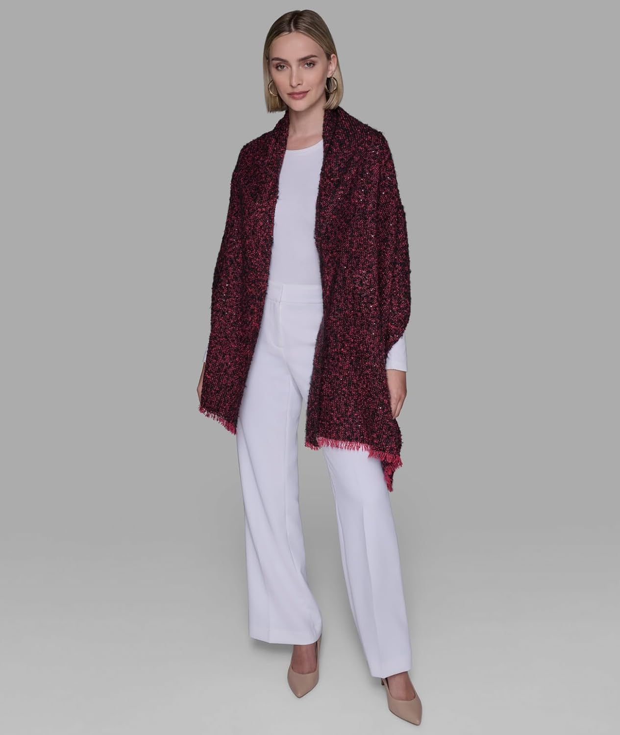 KARL LAGERFELD womens Sequin Tweed Blanket Scarf With Varsity Patch - Image 2