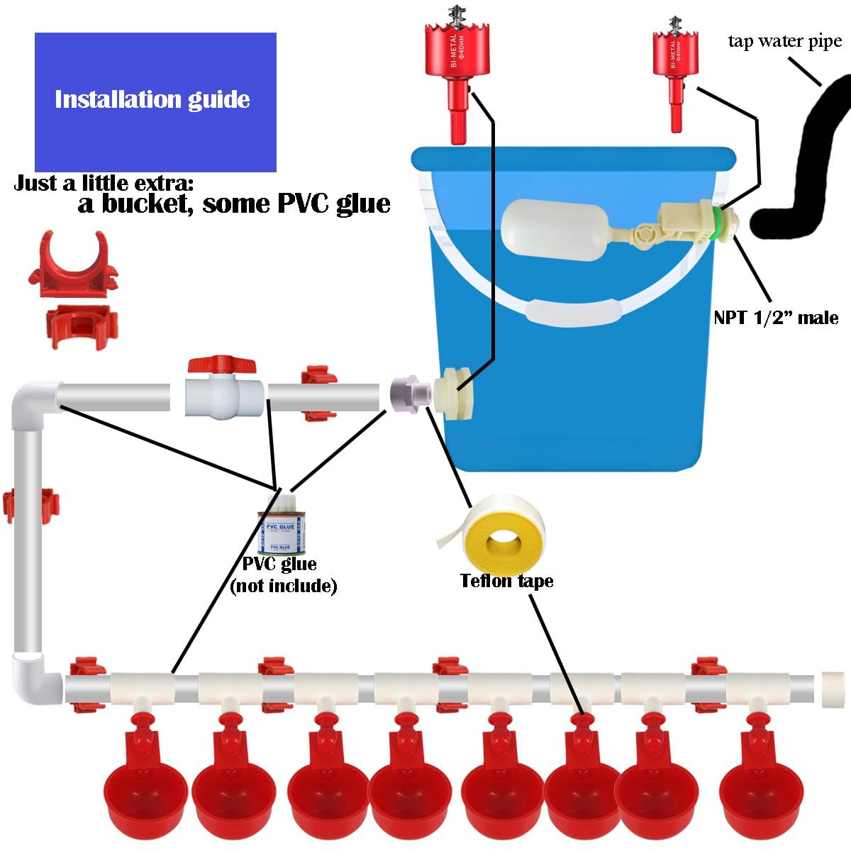 WODERIC Automatic Chicken Water Cups,Chicken Water Feeder,Complete Set Pipeline Automatic Chicken Waterer System for Chick Duck Quail