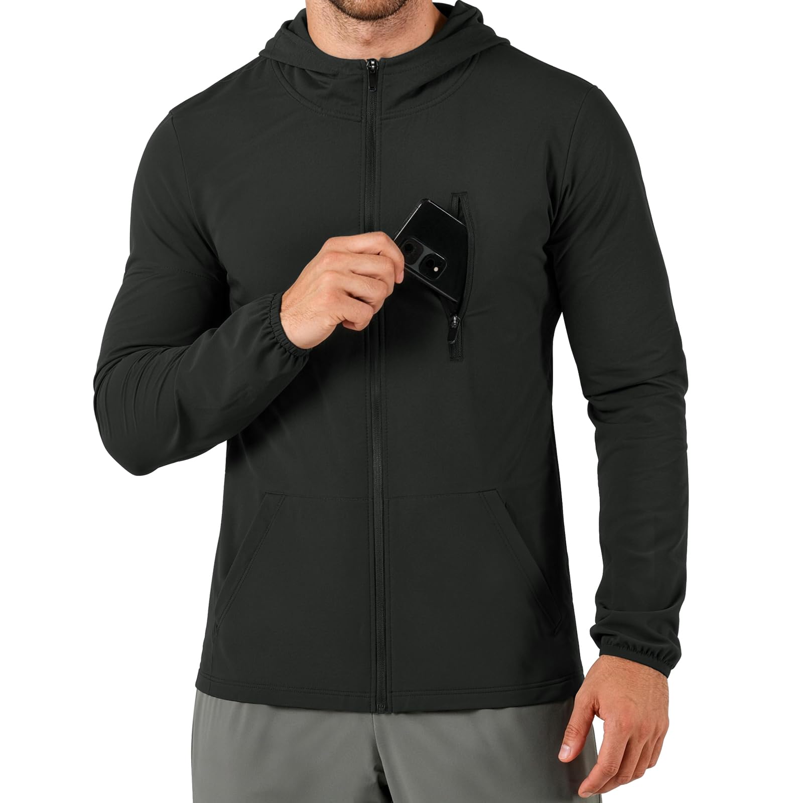 Neezee Leichte Laufjacke Herren Stretch Gym Zip Hoodie | Schnelltrocknend Trainingsjacke mit Reißverschlusstaschen, Herren Sportjacke Running Jacket, Atmungsaktiv Hoodie für Sport