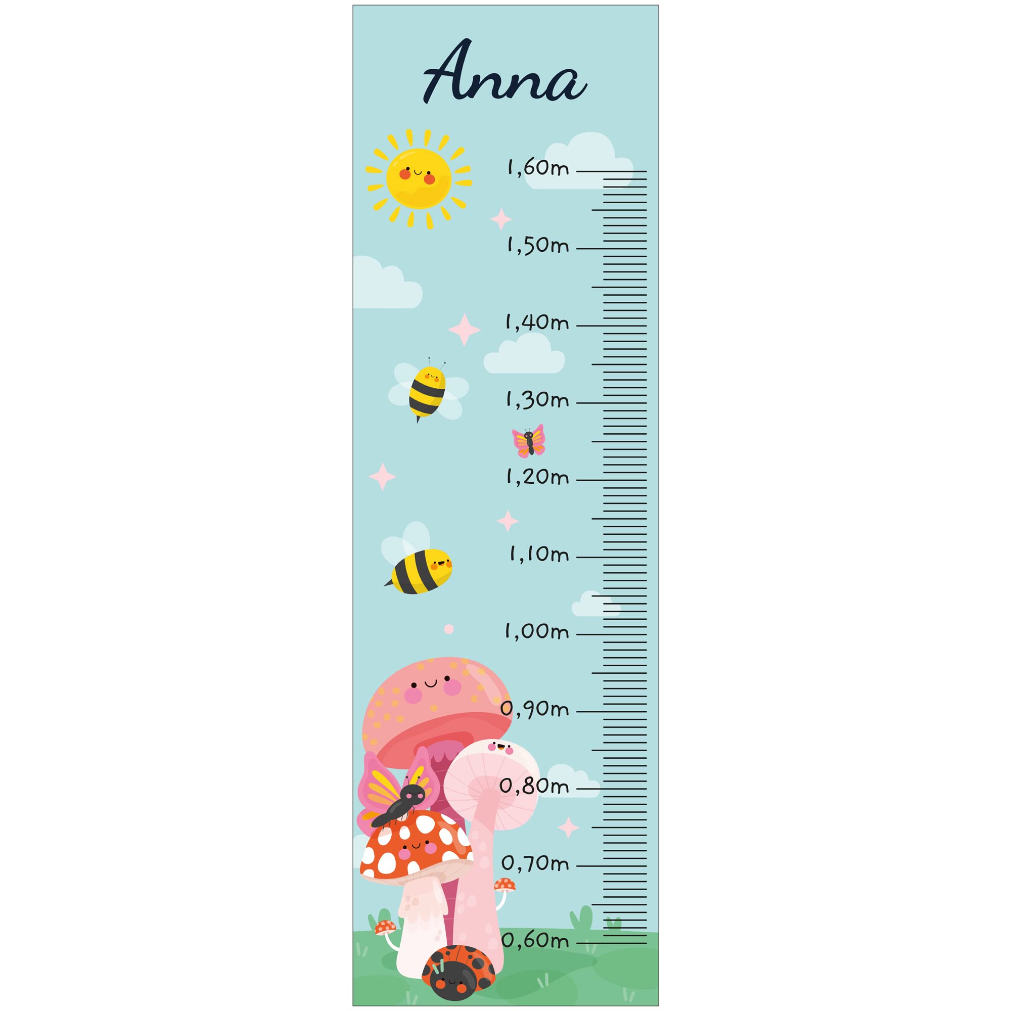 Toise - Adhesivo de pared personalizado para habitación infantil, diseño de hongos y abejas, 130 cm.