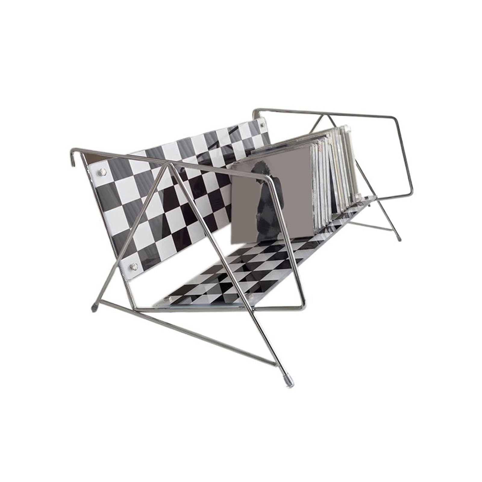 WDWDW Home Black White Checkerboard Glass CD Record Holder Tabletop Storage Rack with Metal Stand