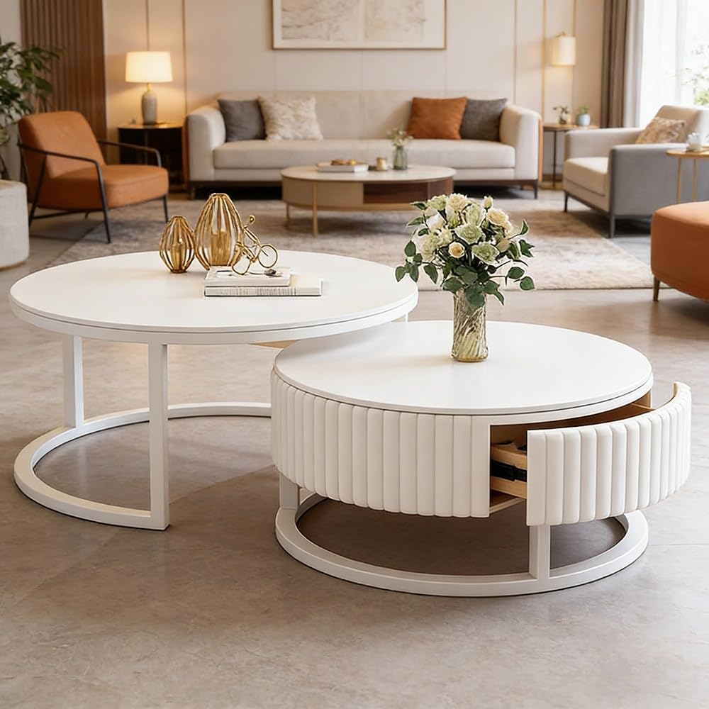 Modern Weiss Rund Couchtisch 2er Set Satztische Hochglanz Marmor 50+70cm Nested Beistelltisch Kaffeetisch Für Wohnzimmer, Balkon Und Büro, Stabiler Metallrahmen + Komplette Installation