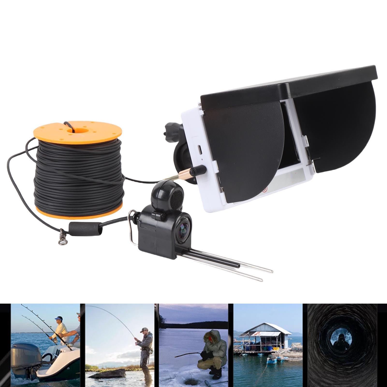 ASHATA Cámara de Pesca Submarina, Buscador de Pescado de Pantalla de 4.3 Pulgadas, Impermeable 5MP 1080p 195 ° Gran Angular con Luz de Relleno de 8 Piezas, Cable de 164 Pies, Bolsa de