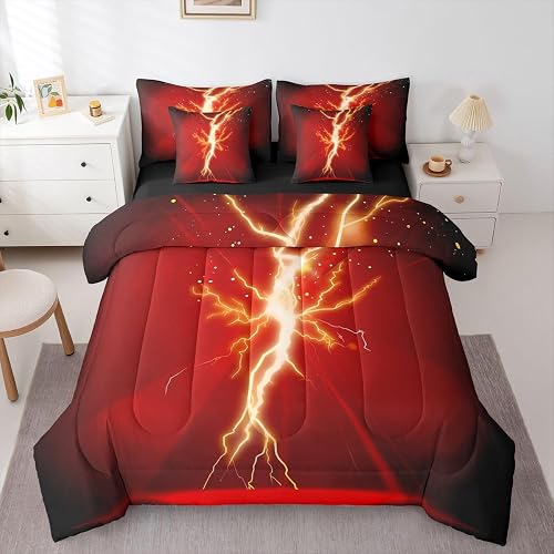 Manfei Gaming Twin Bedding Set 7 Pieces,3D Lightning Golden Glowing Glitter Comf