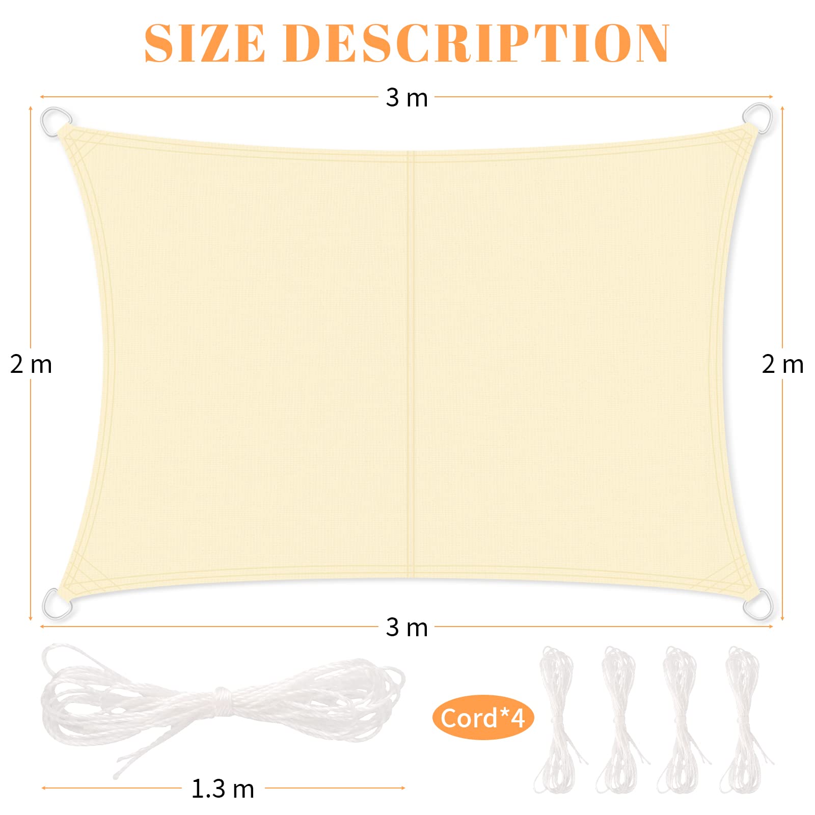 DIDUDE Tenda a Vela Ombreggiante Impermeabile Rettangolare 2x3 m con Corde,Tenda da Sole in Tessuto Realizzato in Oxford di Qualità,Traspirante Protezione UV,per Giardino,Balcone,Terrazza