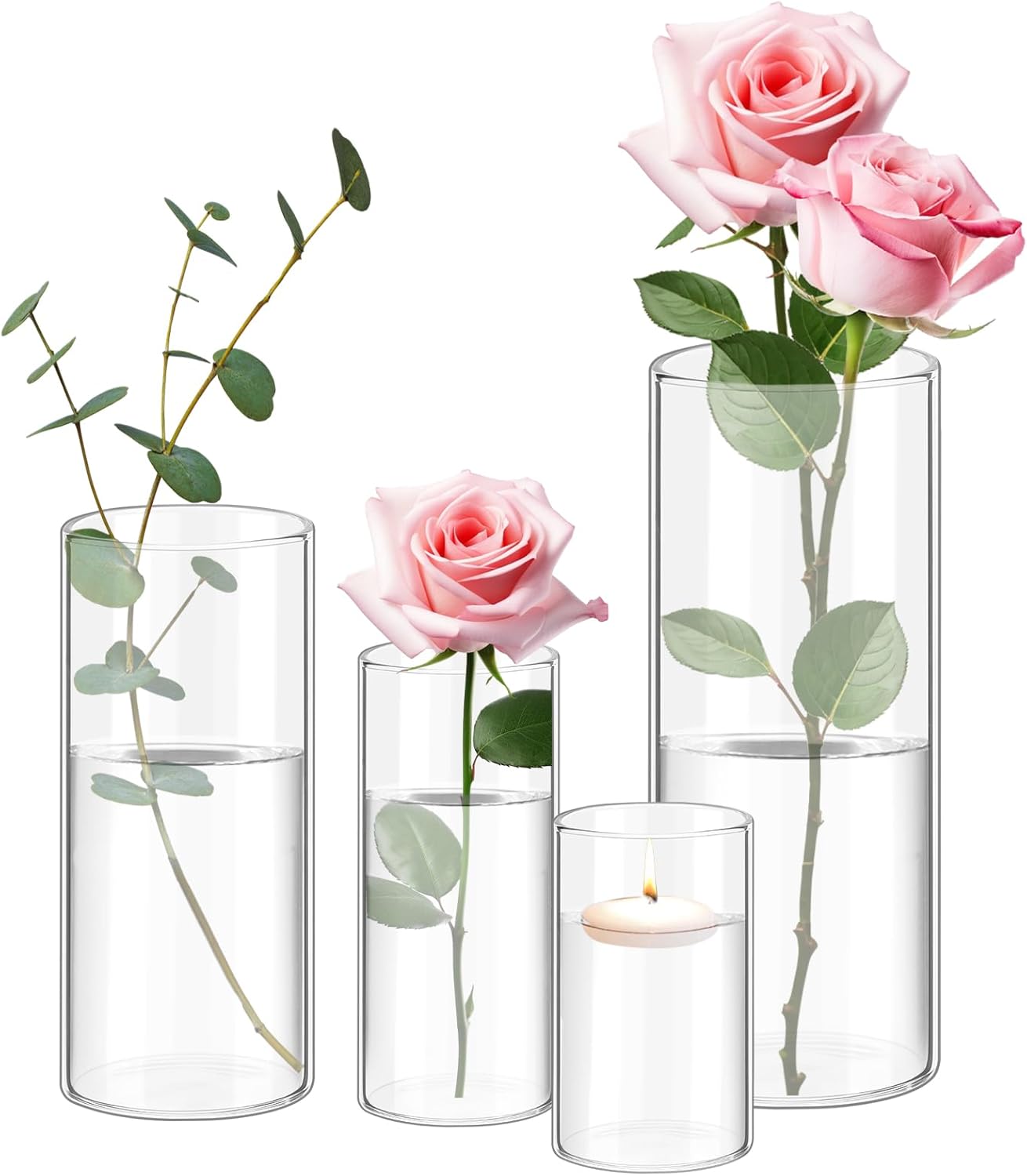 4pcs Glass Cylinder Vase 4, 6, 8, 10 Inch Hurricane Floating Candle Holder Glass Clear Vases for Centerpieces Tall Flower Vase for Wedding Home Decor Party 4 Different Sizes 4 Pack(4,6,8,10 Inch)
