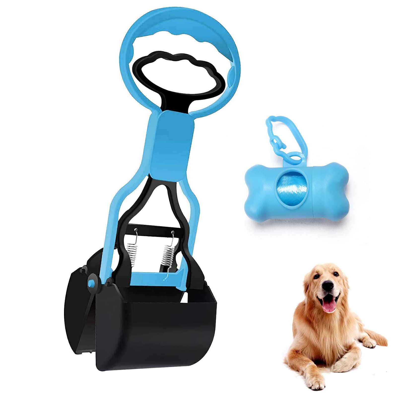 Pet Dog Pooper Scooper, Walking Poo Remover Grabber Picker for Outdoor/Indoor Cat and Dog Animal Waste, With Poop Bag Dispenser and Waste Bag (Blue)