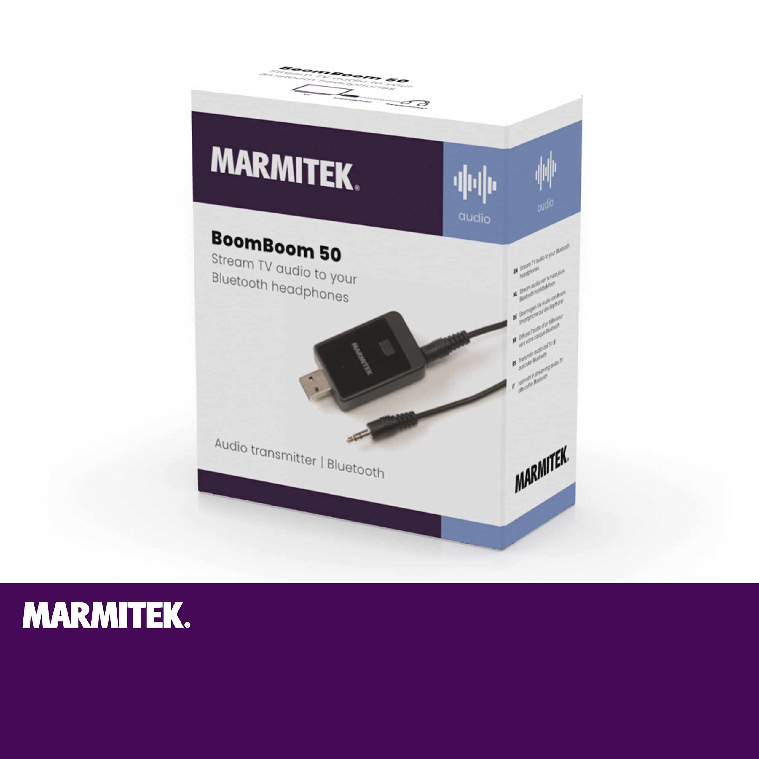 Marmitek BoomBoom 50 - Transmisor Bluetooth TV para auriculares | Emisor de audio jack 3,5 mm para sonido TV inalámbrico, USB, Plug & Play, AAC, aptX, A2DP y fácil emparejamiento