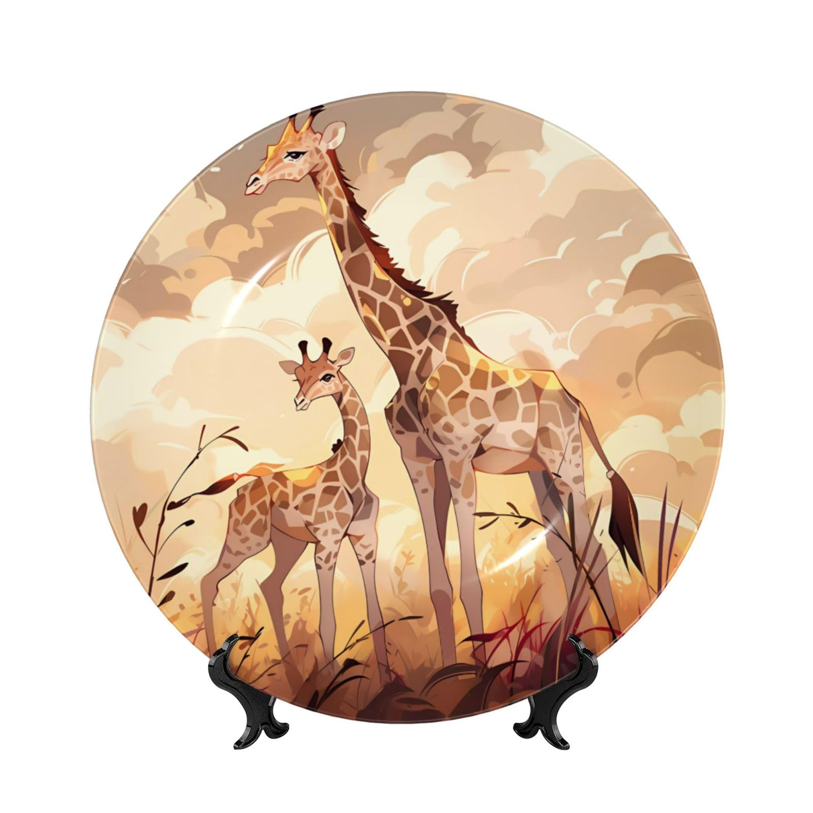 SXZVVBN Giraffe mother and child Bone China Decorative Plate Art with Stand Removable Adhesive Hanging for Home Office 7in