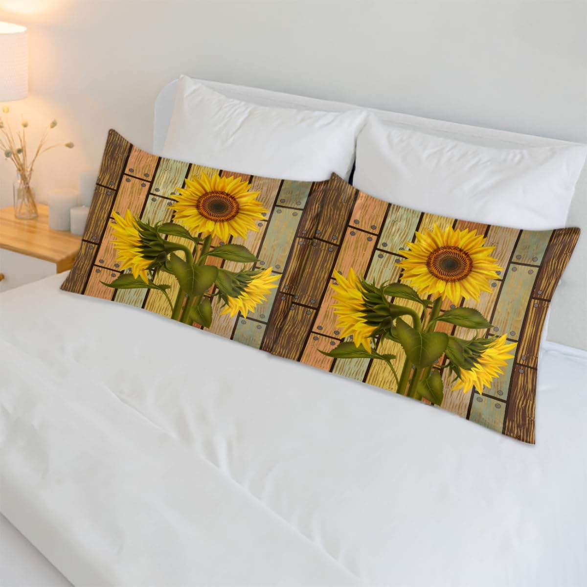 Confezione da 2 federe in raso con girasole in legno, per capelli e pelle, con chiusura a busta, super morbide, resistenti alle pieghe, resistenti alle macchie, 50,8 x 101,6 cm