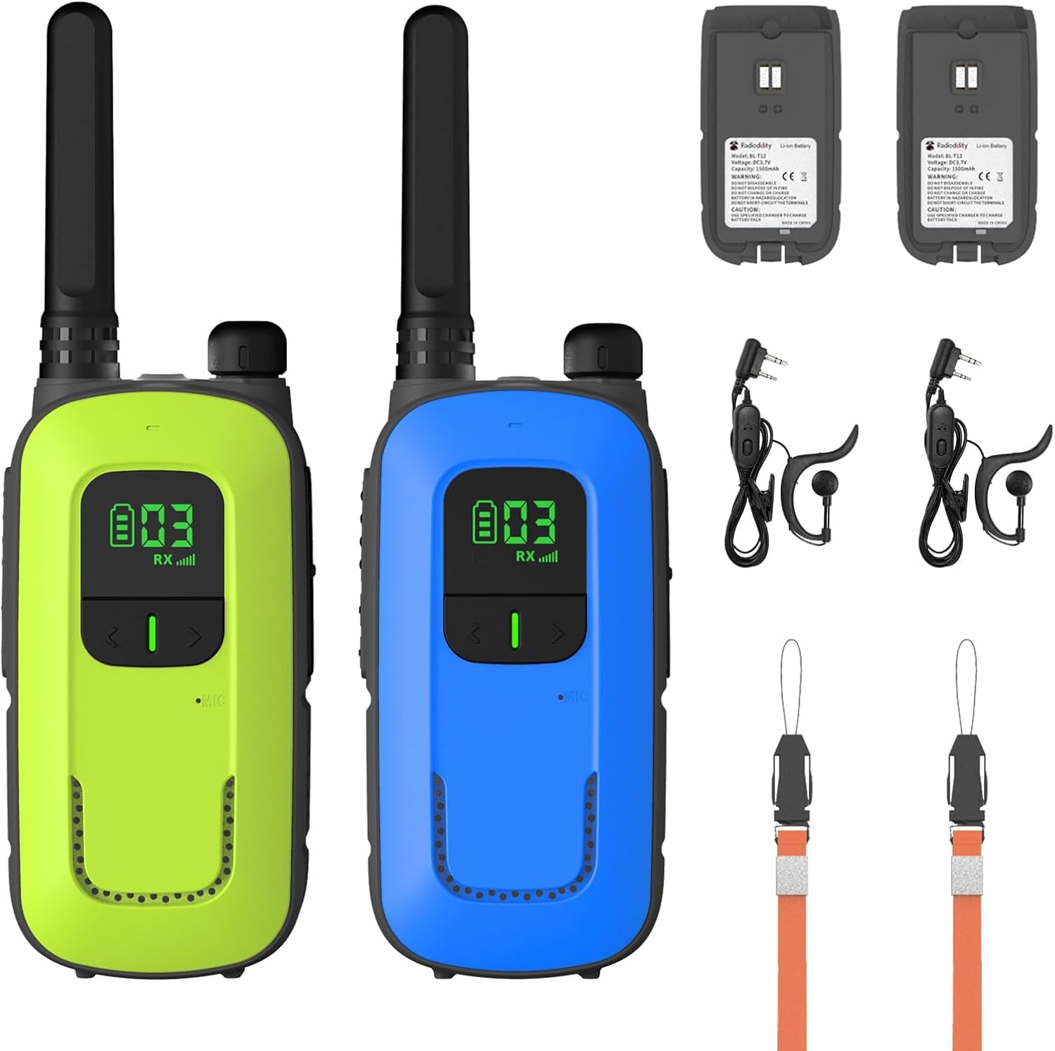 Radioddity PR-T3 Walkie Talkie für Kinder 16 Kanäle PMR446 Funkgerät ab 3 Jahre VOX mit Taschenlampe 4KM Reichweite, 2 Stücke (Blau & Grün)