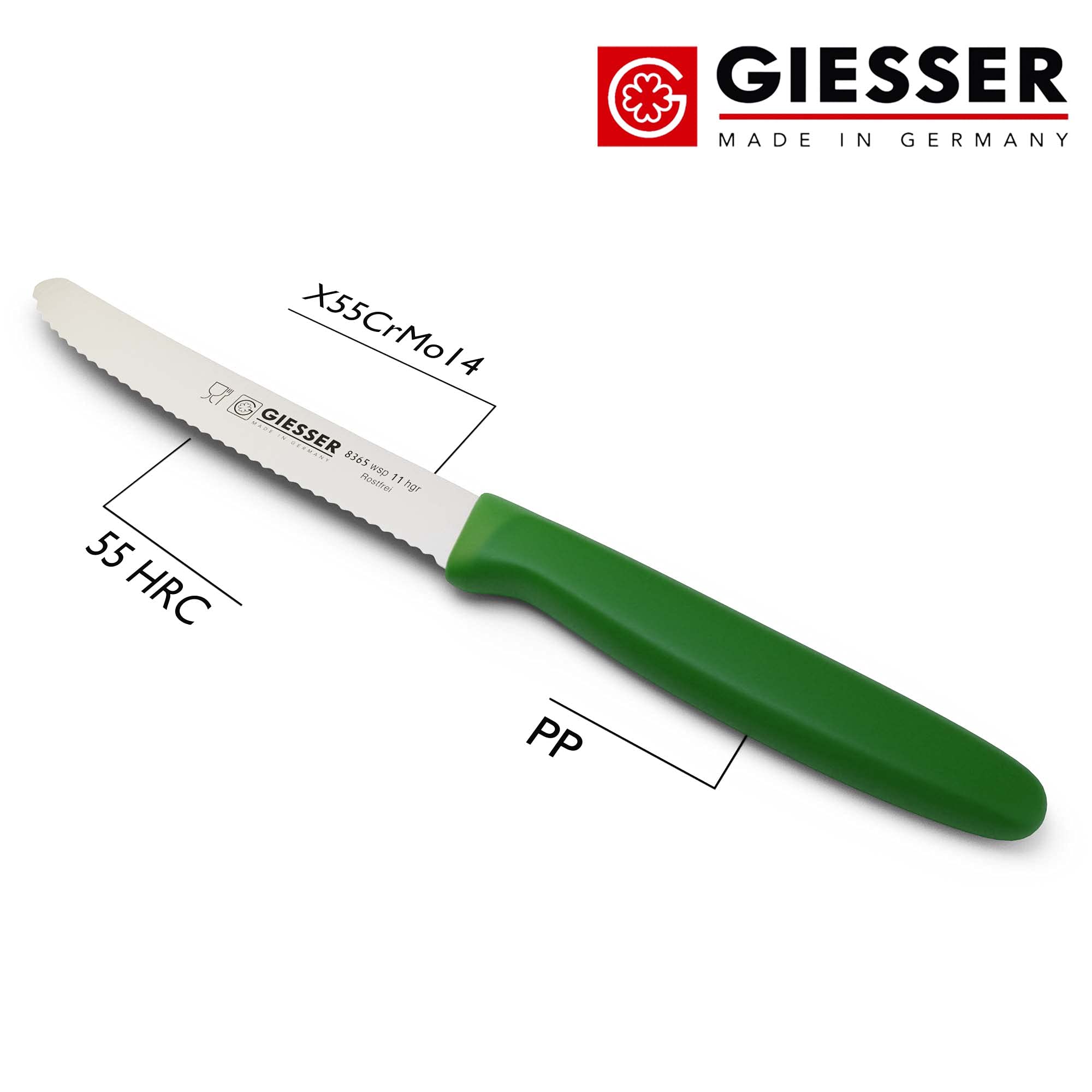 Giesser since 1776 - Made in Germany - Coltello per pomodori, 11 cm, Veggie, coltello multiuso, verde, antiscivolo, piccolo coltello da cucina inossidabile, coltello affilato per una cucina sana