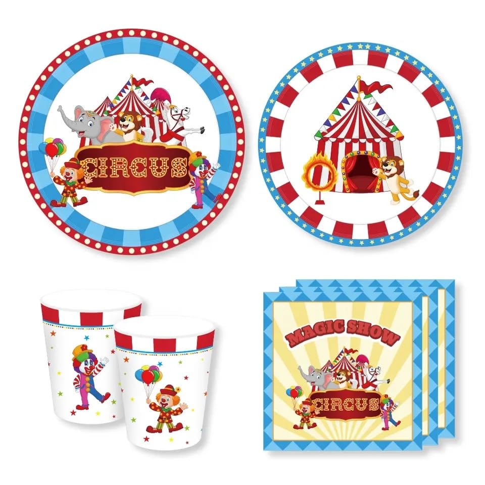 Carnival Birthday Party Supplies 230pcs Serves 16 | Complete Pack for Birthday includes Banner, Table Cover, Dinner and Dessert Plates, Cups, Straws, Spoons, Forks, Knives, Napkins, Balloons