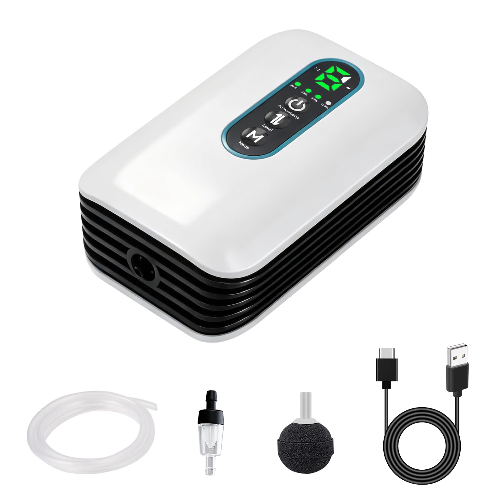 Nikou Aeratore Acquario 1.5 W, Ossigenatore Mini Pompa ad Aria per Acquario, Silenziosa Regolabile Pompe d'aria con Pietre d'aria, 1 Uscita, 6 Livelli, per Acquari, Pesca, Trasporto Pesci