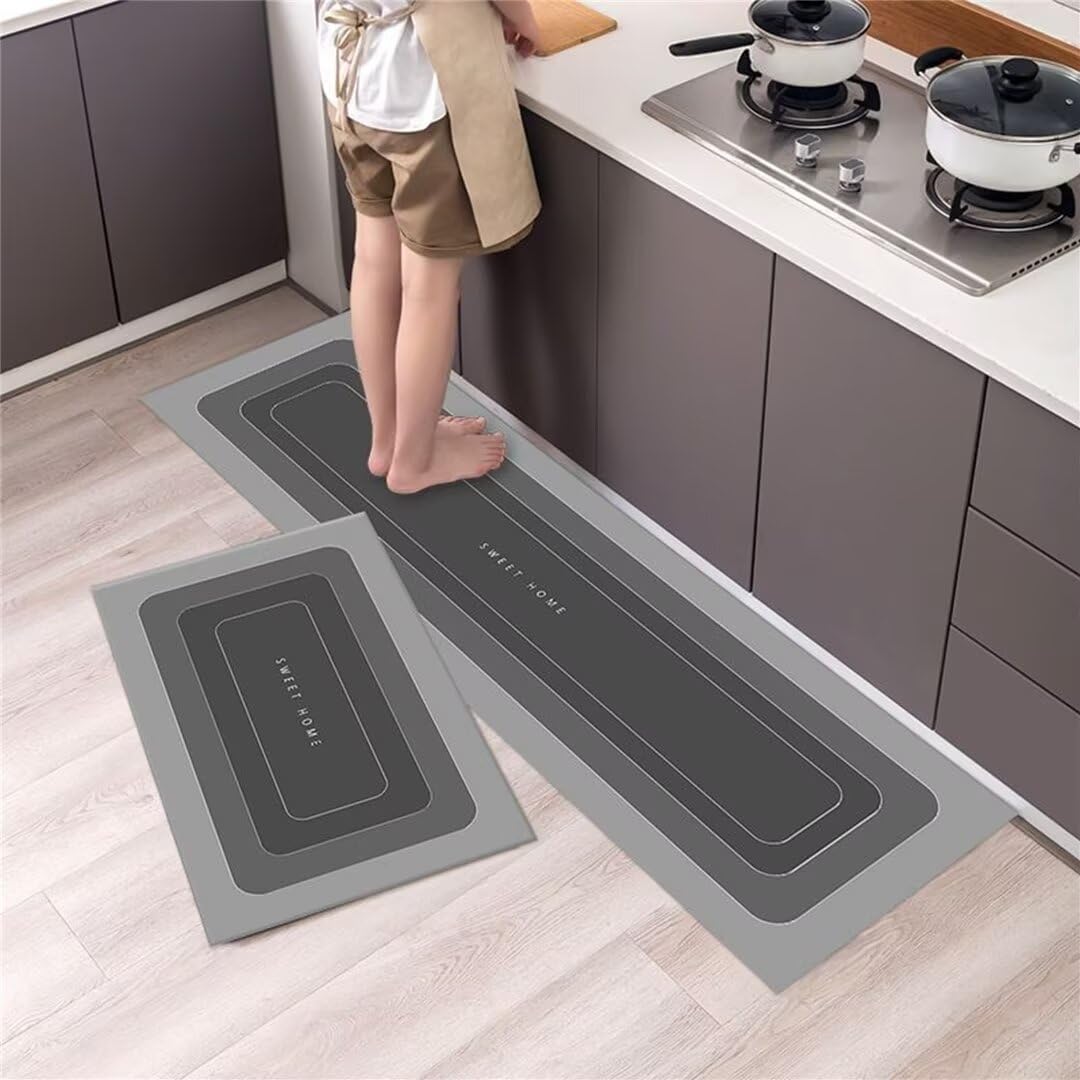 Tappeto Cucina 2 Pezzi Tappetini da Cucina Antiscivolo Grigio Semplice Tappeti Cucina Lavabile Regalo Passatoia Corridoio Facile da Pulire per Sala Da Pranzo, Cucina 45x75cm+45x150cm