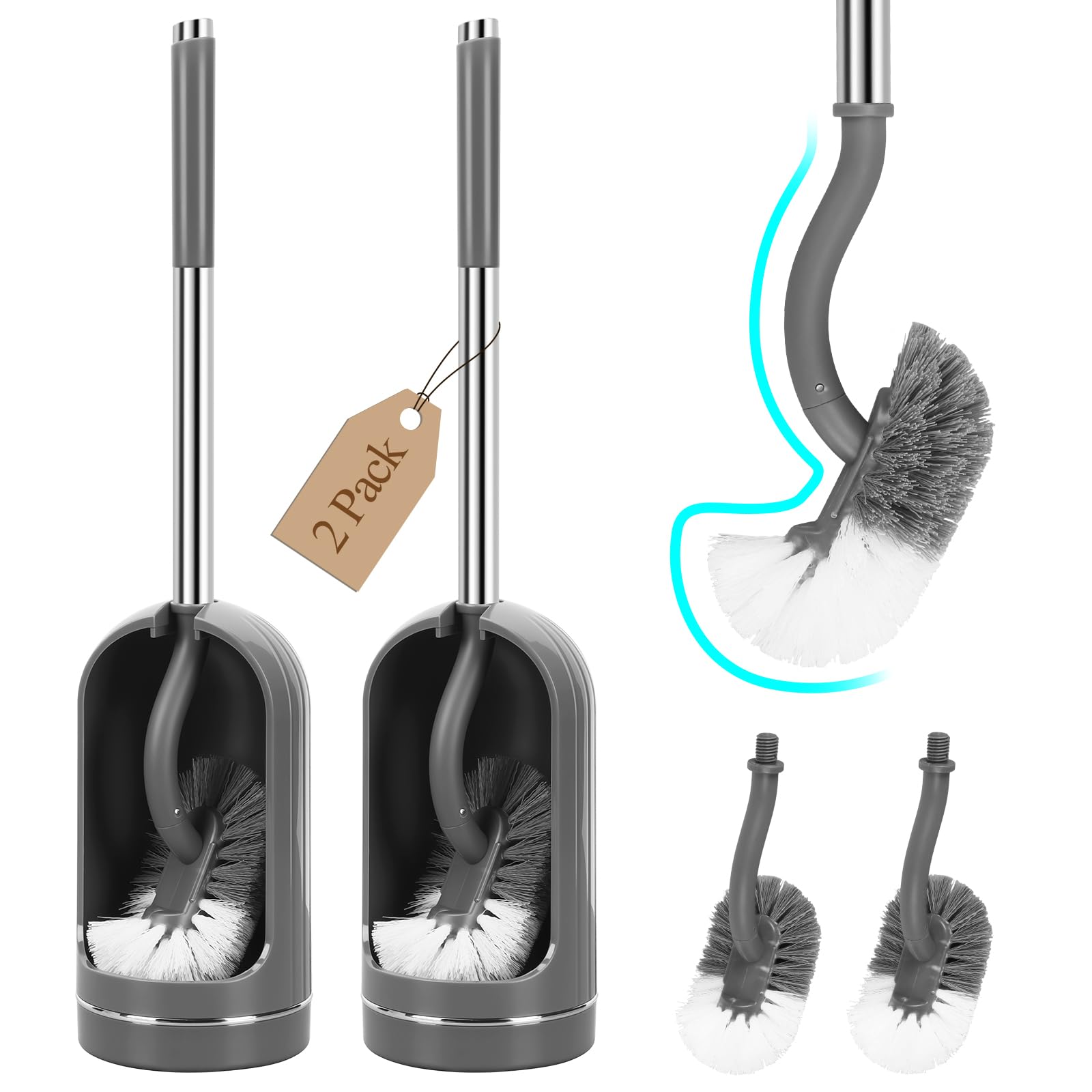 Toilet Brush, Toilet Brushes with Holders, Curved Toilet Brush with Edge Cleaner, Stainless Steel & Plastic Handle, Bathroom Cleaning Brush, Loo Brush Replacement (2, Grey)