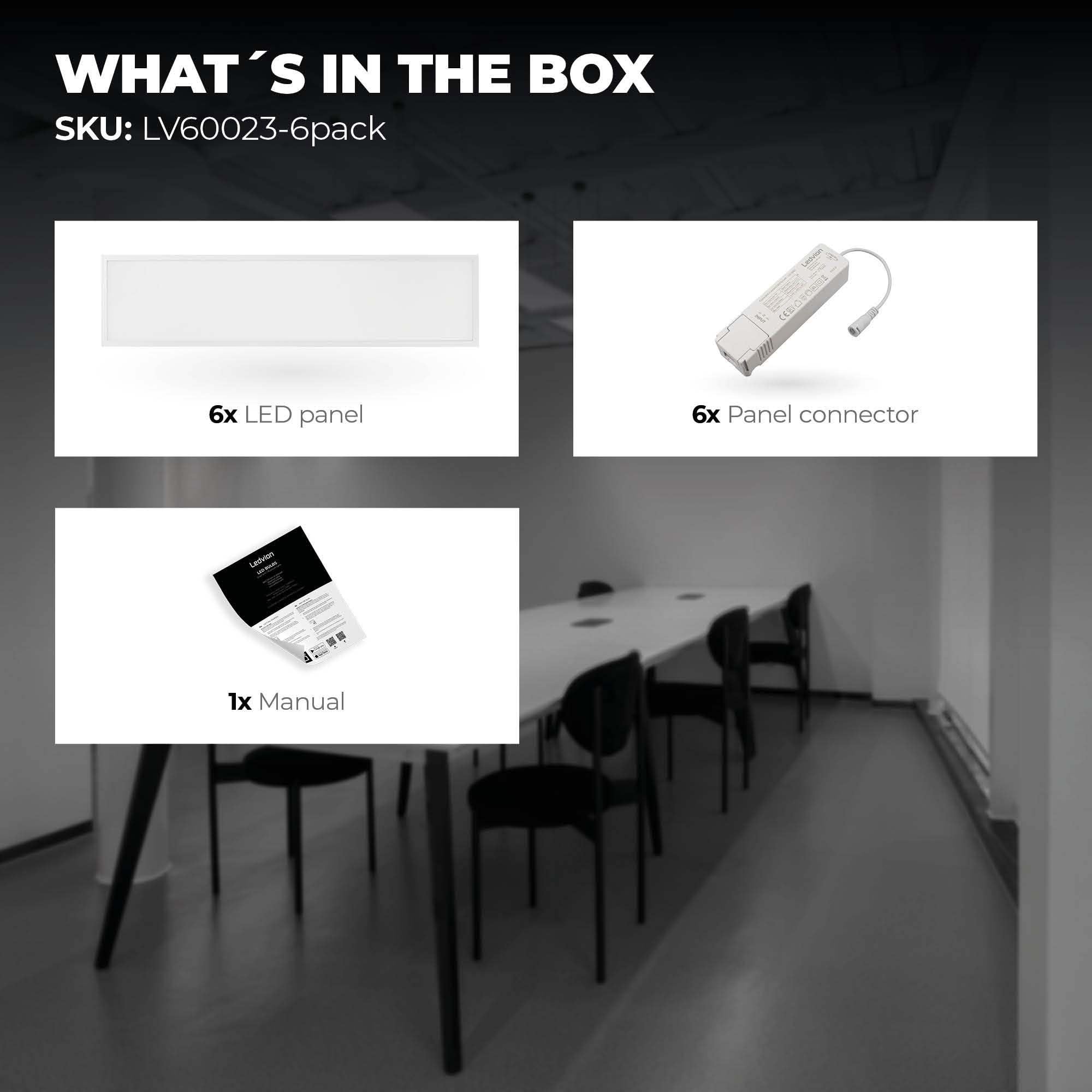 Ledvion - 6X Panel LED, 120x30, 24W, 6500K, 5040 Lúmenes, Luminaria Empotrada, Incluye Driver LED y Conector Rápido