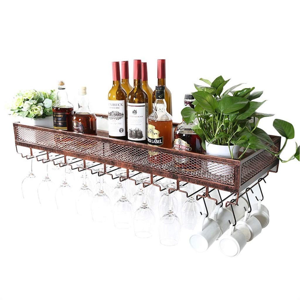 Casier à vin rustique mural en bronze 120x35cm avec porte-verre suspendu