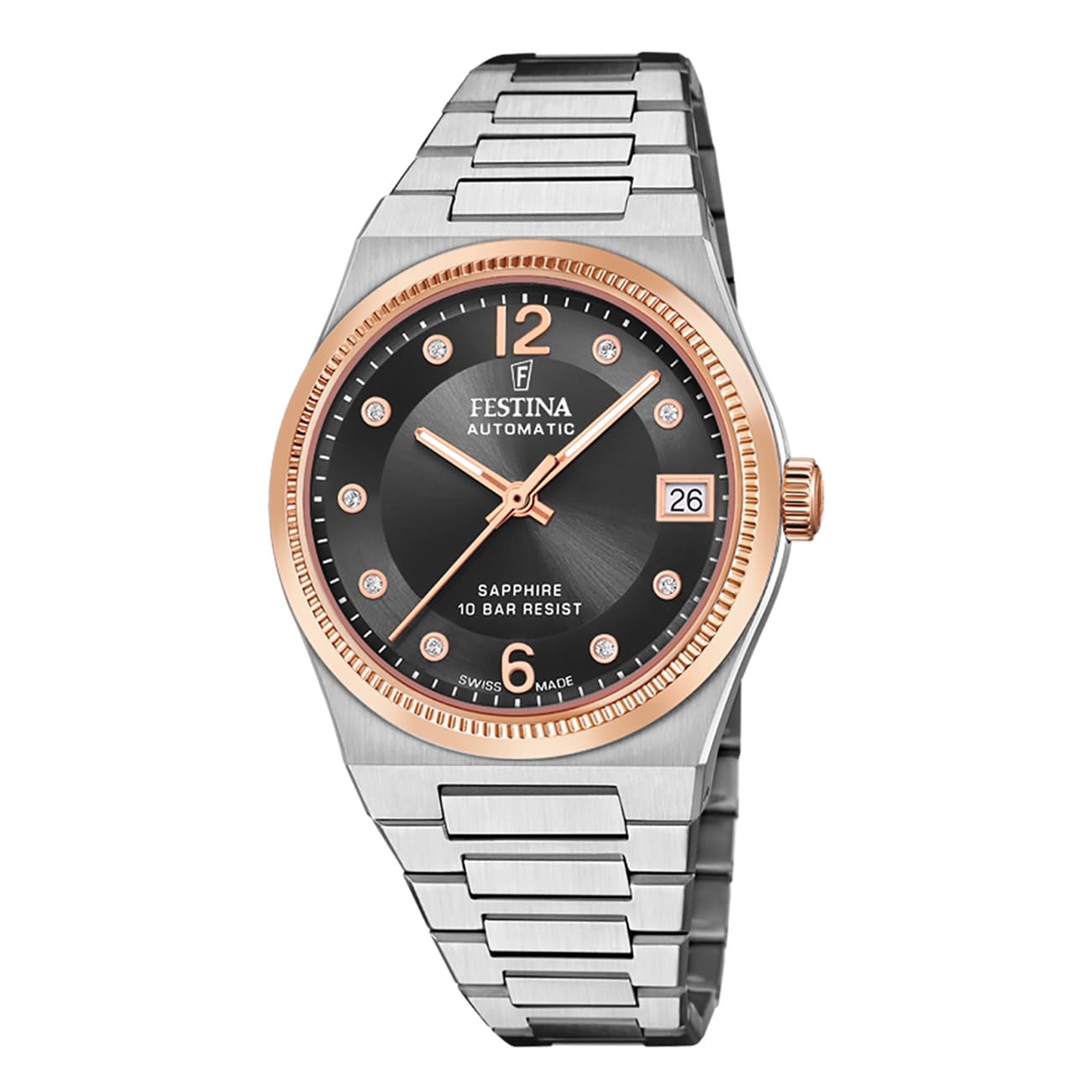 Festina SWISS MADE Orologio Donna Automatico Acciaio Inox 316L Argento - Vetro Zaffiro Alta Resistenza - Impermeabile 10 ATM - Calendario F20031/​3 - Automatic