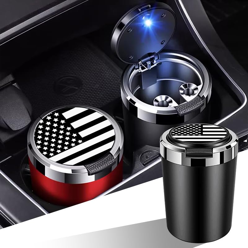 Image of Car Ashtray Black Portable Smokeless Ashtray Cup Cigar Garbage Container with Lid and Blue LED Light