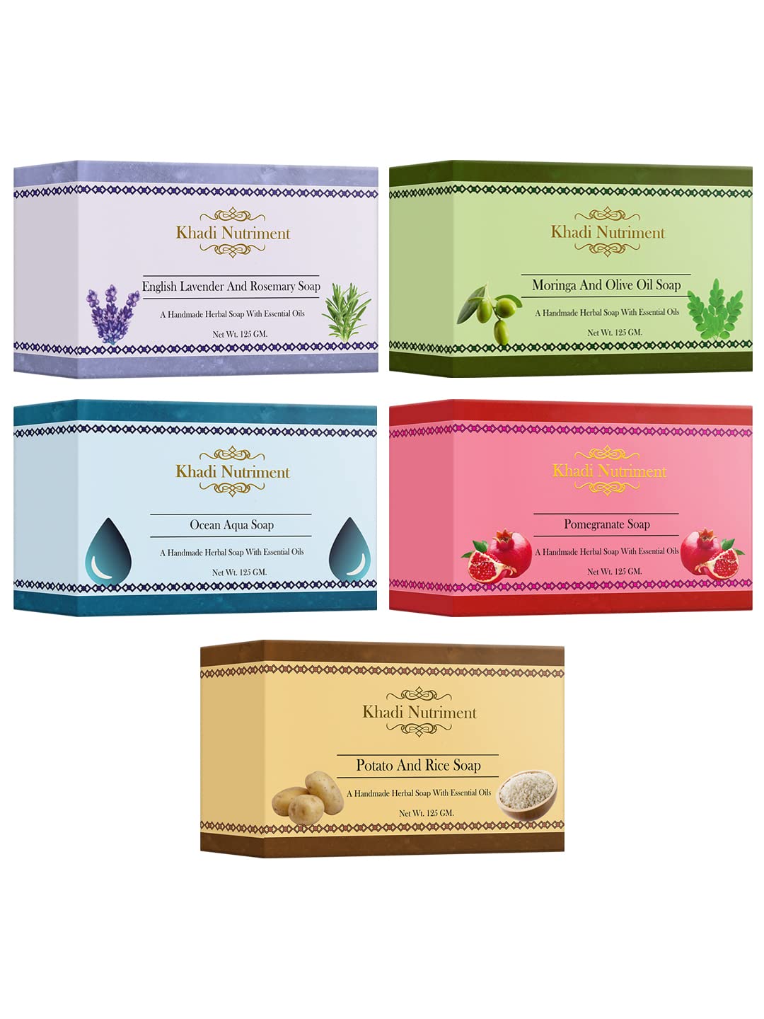 NutrimentKhadi English Lavender & Rosemary Moringa & Olive Oil Ocean Aqua Pomegranate and Potato & Rice Soap 125 gm Each Soaps for Unisex (Pack of 5)