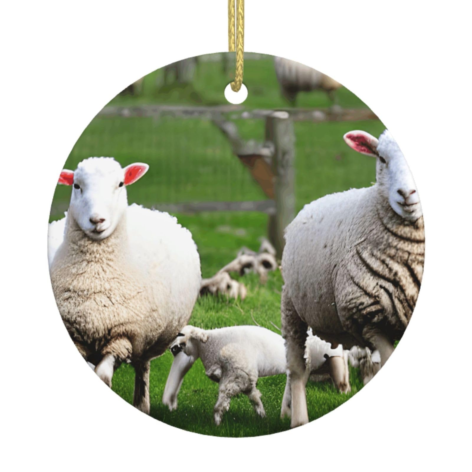 Sheep And Lambs Print Christmas Ornaments, Ceramic Hanging Ornament, Round Shape Decorations