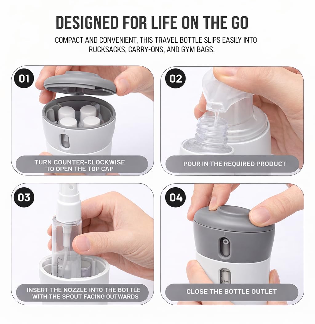 Travigo 2 Pieces 4-in-1 Travel Bottle Set, Dispenser, Includes Four 40 mL Cosmetic Toiletry Containers for Shampoo, Lotions, Skincare, Makeup Products (Gray-Pink (2-PC SET)) 2