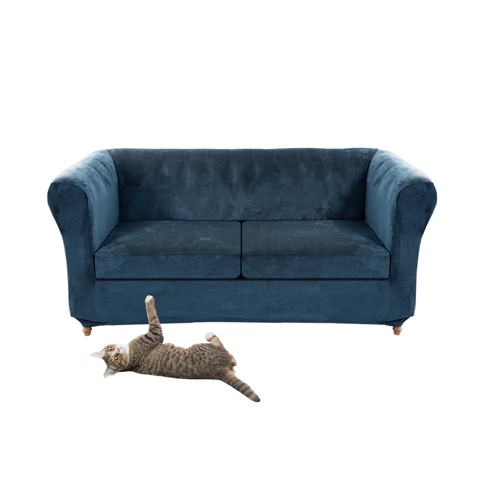 Stretch Velvet Chesterfield Sofa Cover, Couch Cover with Seat Cushion for Curved Settee Armchair Vintage Style (Blue, Sofa+2 Large Seats)