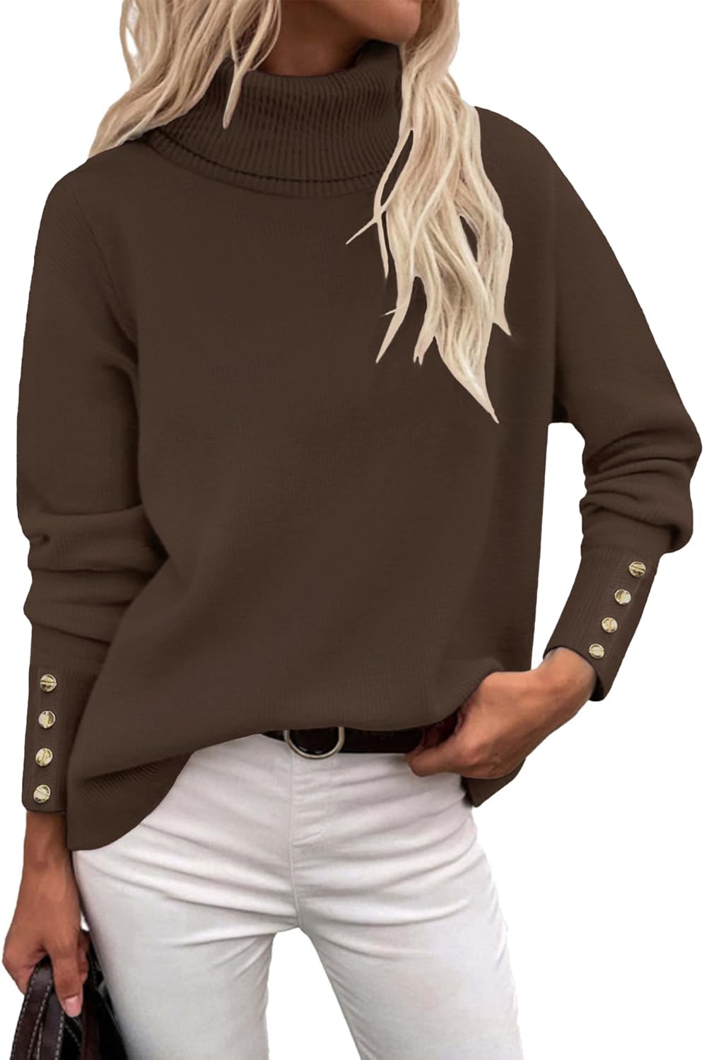 Rapbin Turtleneck Sweaters for Women 2026 Fall Winter Long Sleeve Knit Pullover High Low Hem Sweater with Metal Buttons