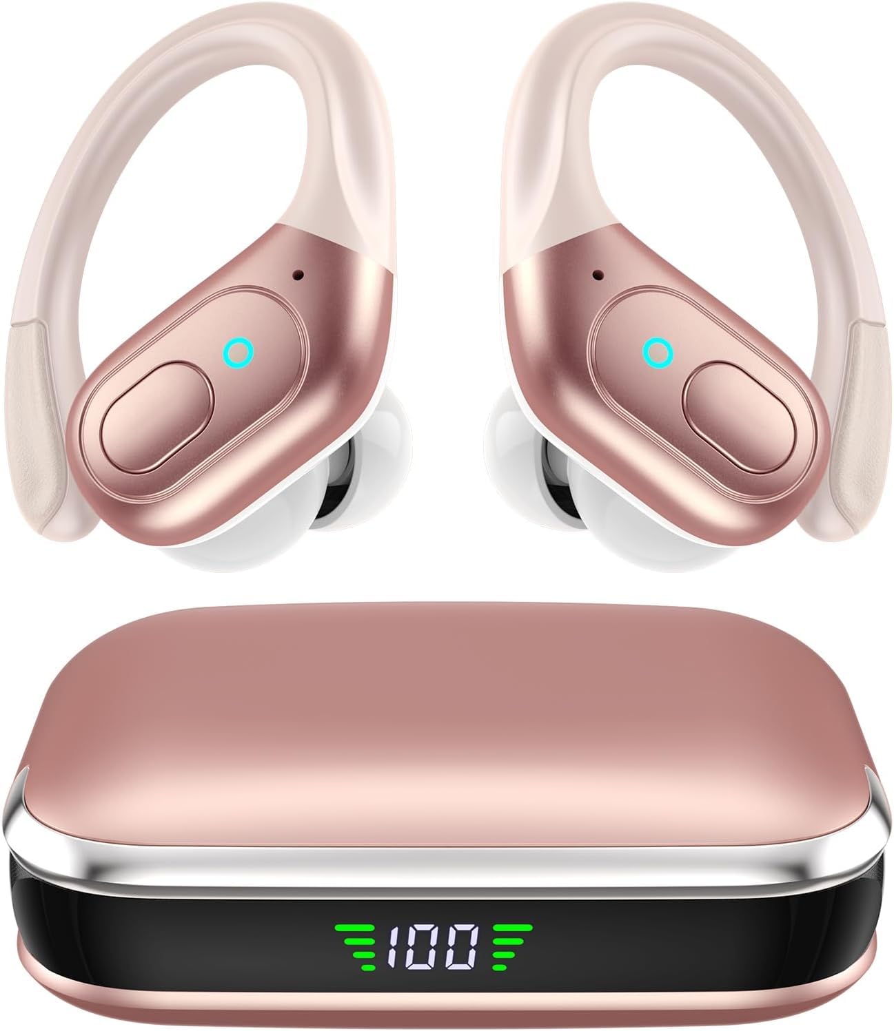 sajawass Wireless Earbuds Bluetooth 5.4 Headphones, IPX7 Waterproof Earphones, Over-Ear Earphones, Noise Canceling Ear Buds with 75hr Playtime, LED Power Display for Sports/Workouts - Rose Gold