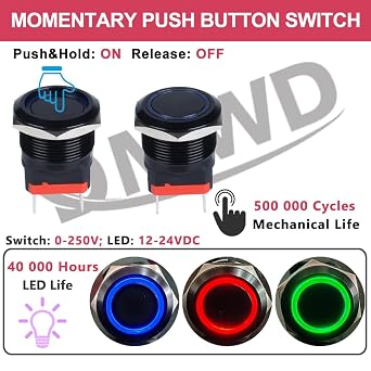 22mm Heavy Duty Momentary Metal Push Button Switch Waterproof Large Current 20Amp 12V-24V (ON)-Off 2NO 4 Pins with Pre-Wired Socket for 7/8 Mounting Hole Black Shell (Halo Ring Blue LED)