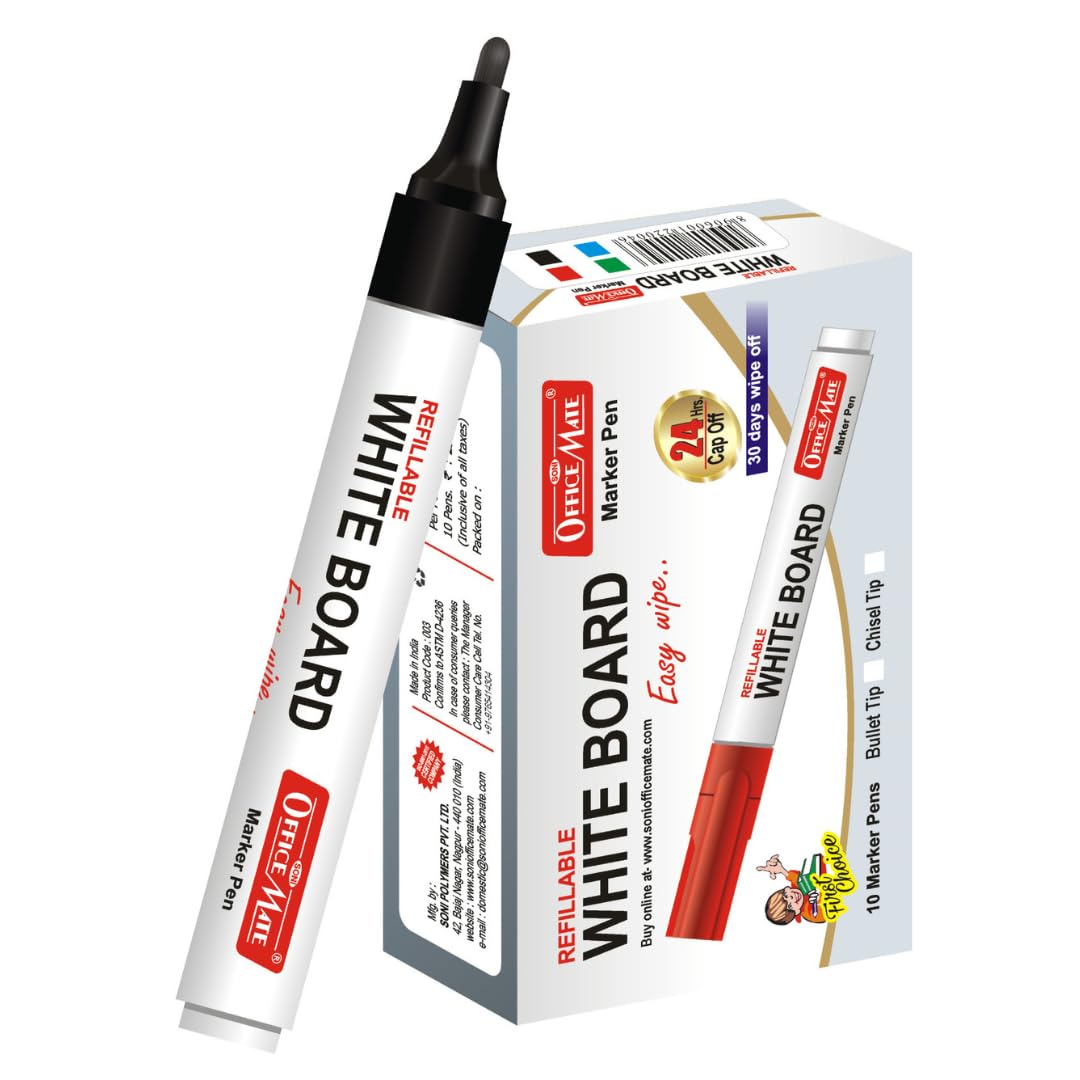 Soni Officemate Refillable Whiteboard Marker – Black | 4.43 mm Bullet Tip | Non-Toxic & Eco-Friendly | Easy Wipe & Smooth Writing | Ideal for School, Office & Presentations | Pack of 10-image-7