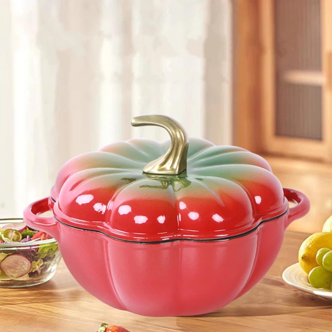 Olla de calabazaTapa de olla para horno, olla de doble oreja, olla de hierro fundida para cocinar al vapor, comidas horneadas en estofado y horno (24 cm/rojo y verde)